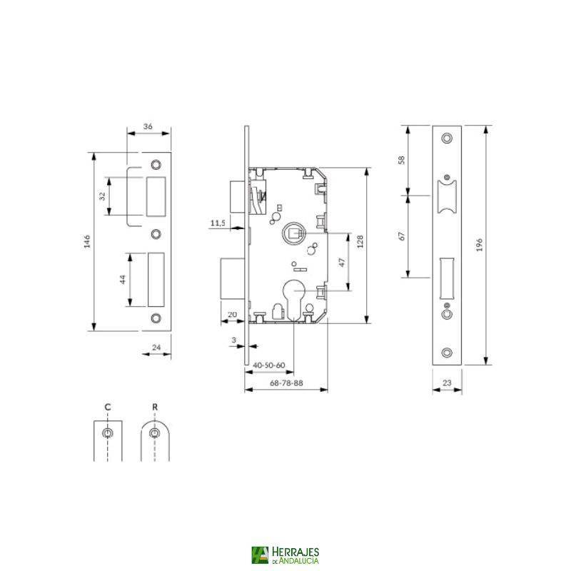 Cerradura U10 40mm eje 47mm reversible | Herrajes de Andalucía