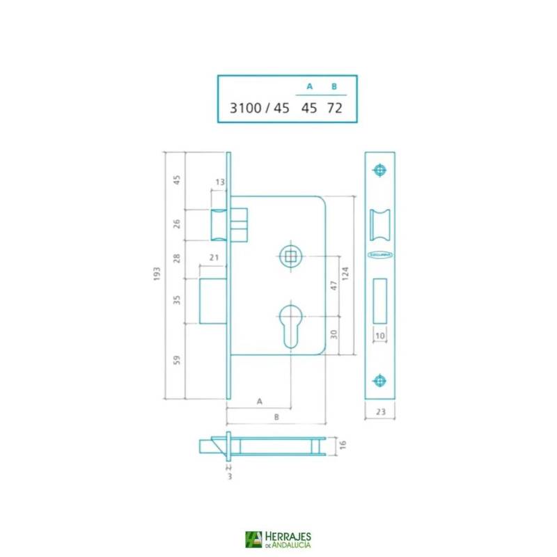Cerradura de embutir Modelo HL 3100/45 latonada | Herrajes de Andalucía