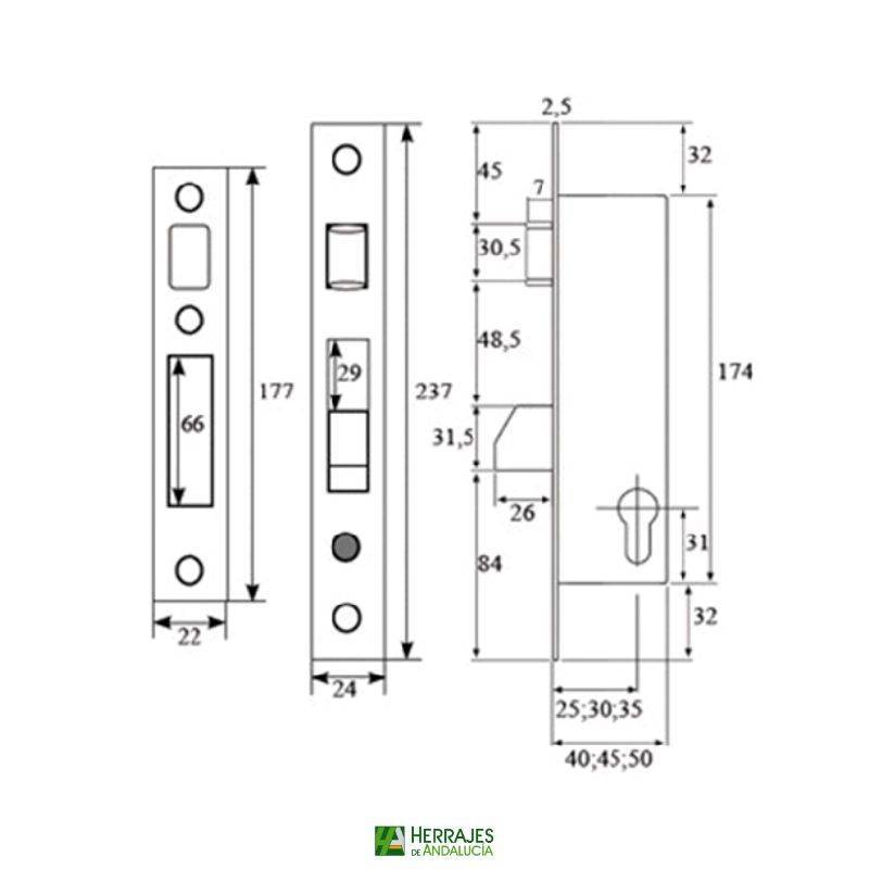 Cerradura Embutir 7797 Rodillo 25 mm | Herrajes de Andalucía