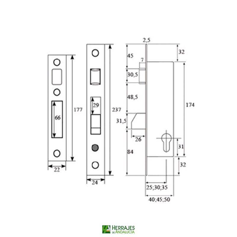 Cerradura Embutir 7797 Rodillo 25 mm | Herrajes de Andalucía