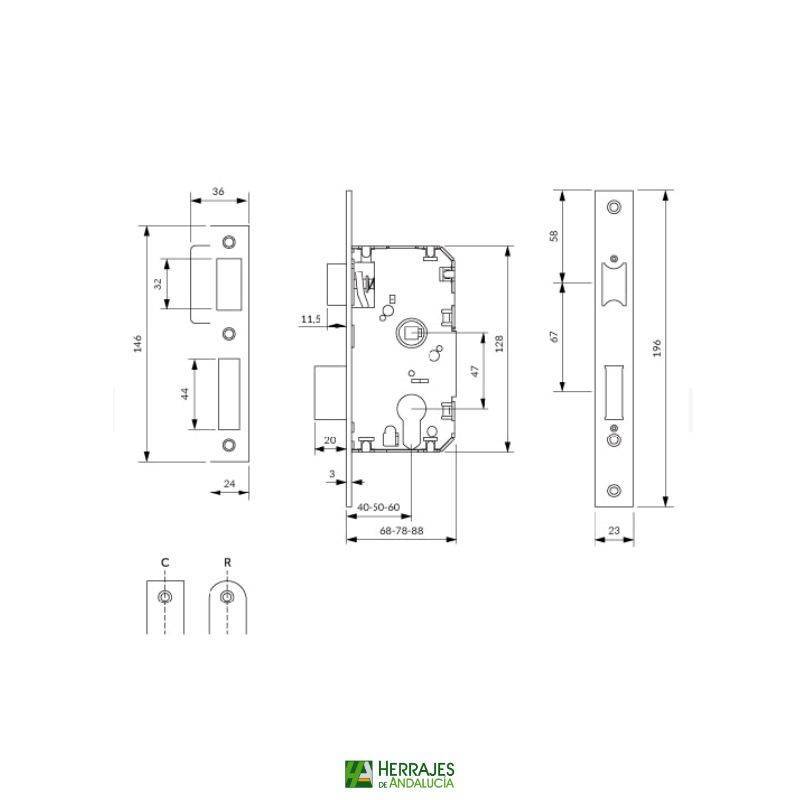 Cerradura Embutir U10P 50mm con cilindro 60mm Latón | Herrajes de Andalucía
