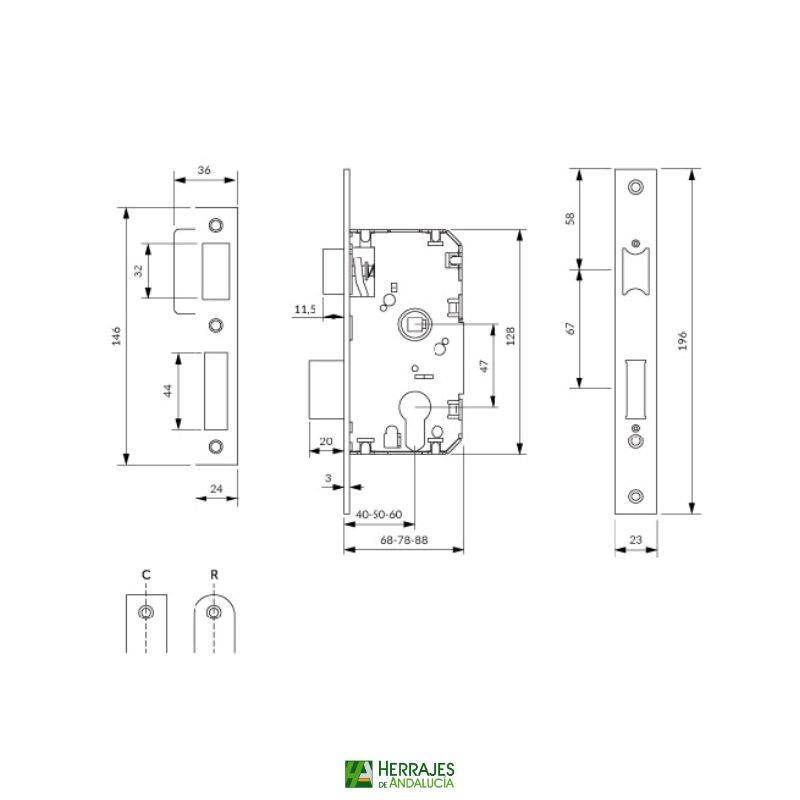 Cerradura embutir 60mm U10P canto redondo | Herrajes de Andalucía