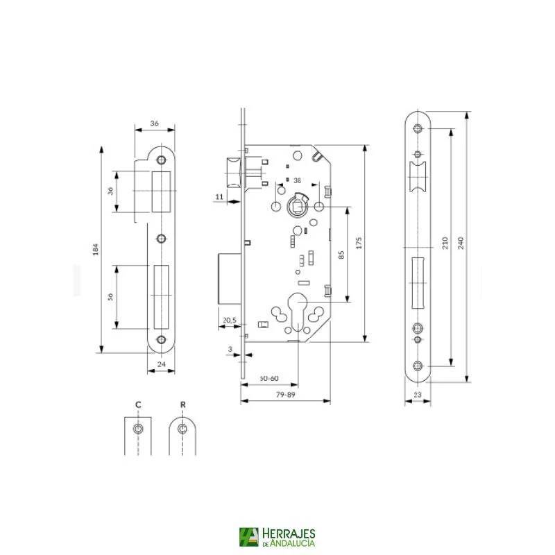 Cerradura embutir U30 60mm HL cilindro 60mm | Herrajes de Andalucía