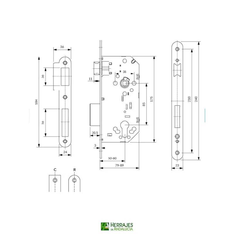 Cerradura embutir U30 60mm con cilindro canto cuadrado inox | Herrajes de Andalucía