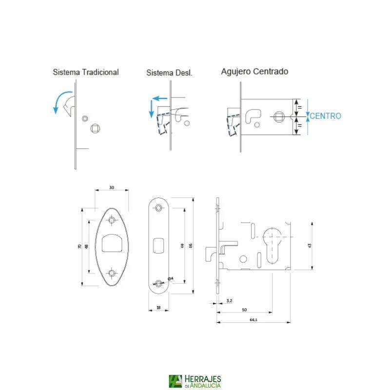 Kit cerradura corredera níquel satinado | Herrajes de Andalucía