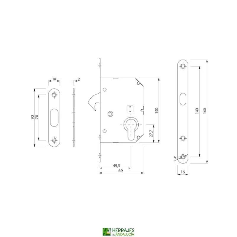 Kit cerradura corredera F16 negro | Herrajes de Andalucía