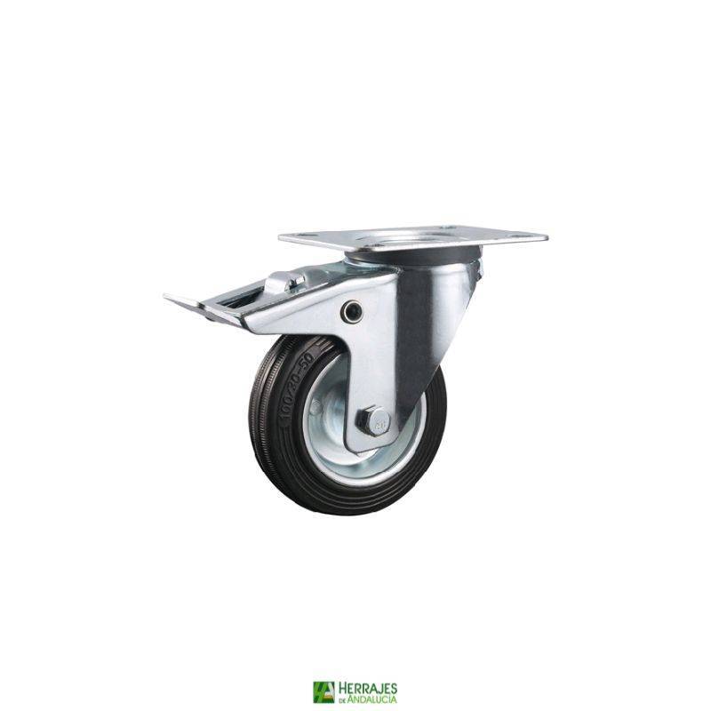 Rueda giratoria goma 100mm 105kg con freno | Herrajes de Andalucía