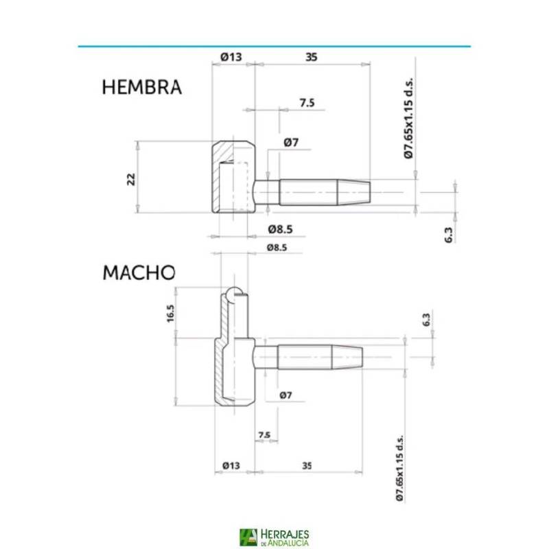 Pernio Anuba macho Ø13 negro | Herrajes de Andalucía