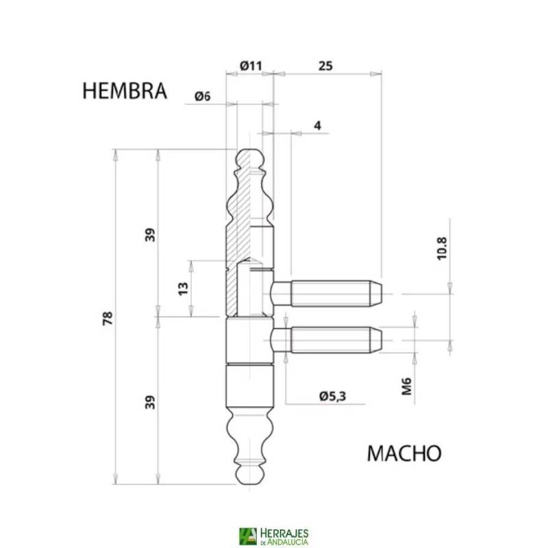Pernio Anuba 605 macho Ø11 negro | Herrajes de Andalucía