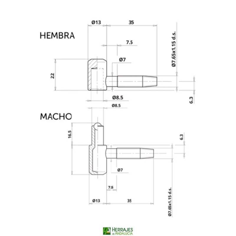 Pernio Anuba macho Ø13 níquel mate | Herrajes de Andalucía