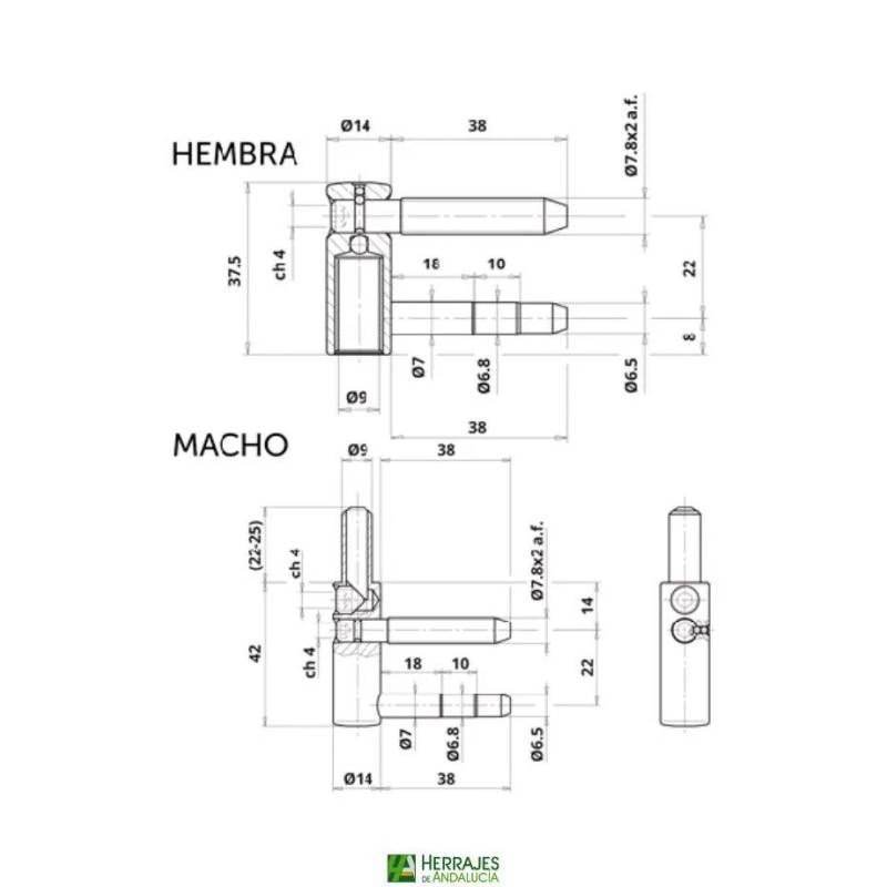 Pernio Anuba 495 macho Ø14 regulable | Herrajes Andalucía