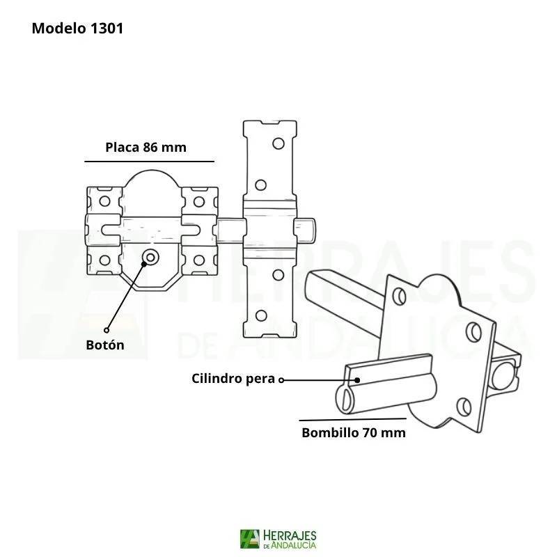 Cerrojo modelo 1301 R80mm con botón cilindro 70mm | Herrajes de Andalucía