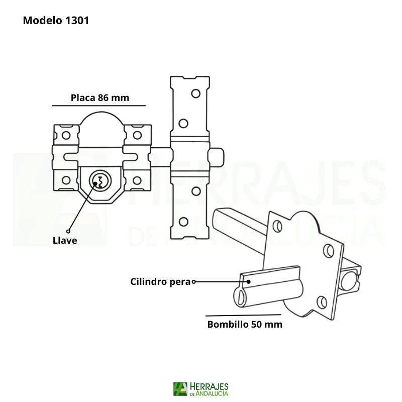Cerrojo 1301-L/80mm cilindro 50mm acero acabado pintado | Herrajes de Andalucía