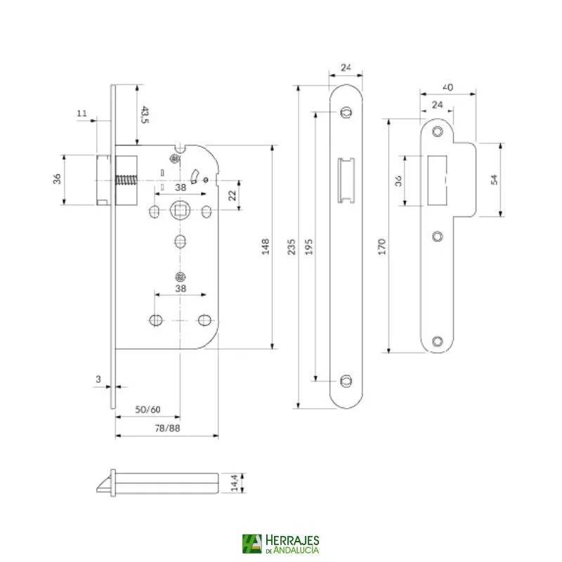 Cerradura Embutir 345 Mega Inox 60 mm | Herrajes de Andalucía