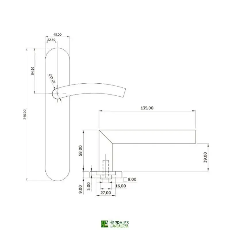 Manivela Erato Inox 245x45 mm | Herrajes de Andalucía