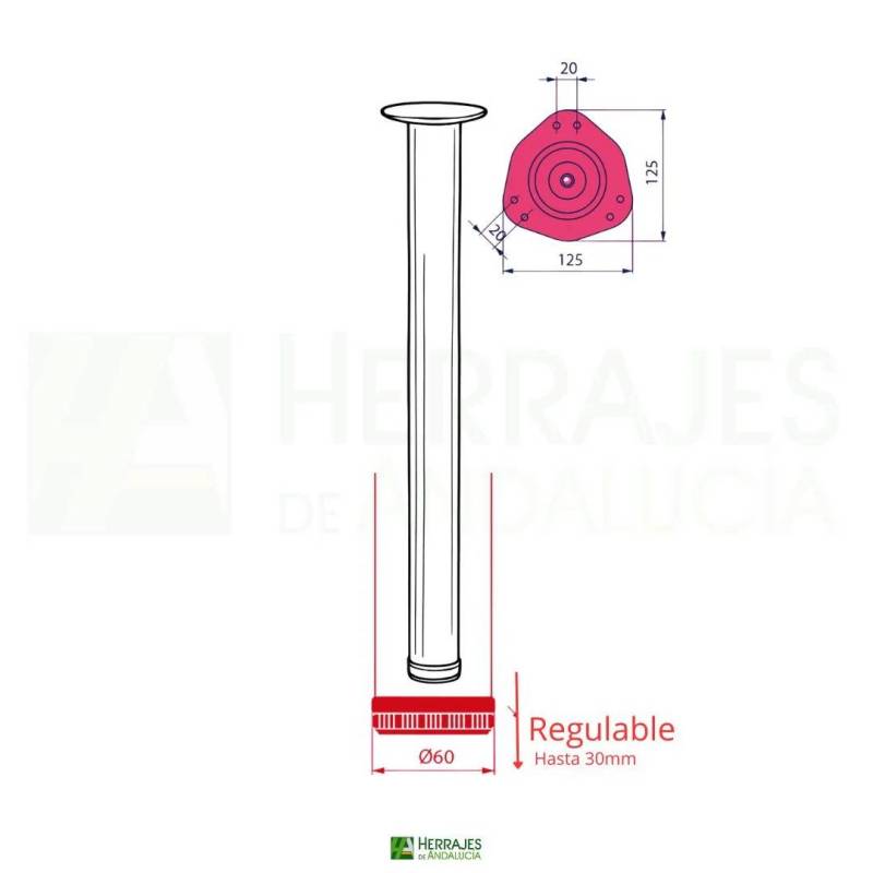 Pata de acero graduable 710mm Ø60mm | Herrajes de Andalucía