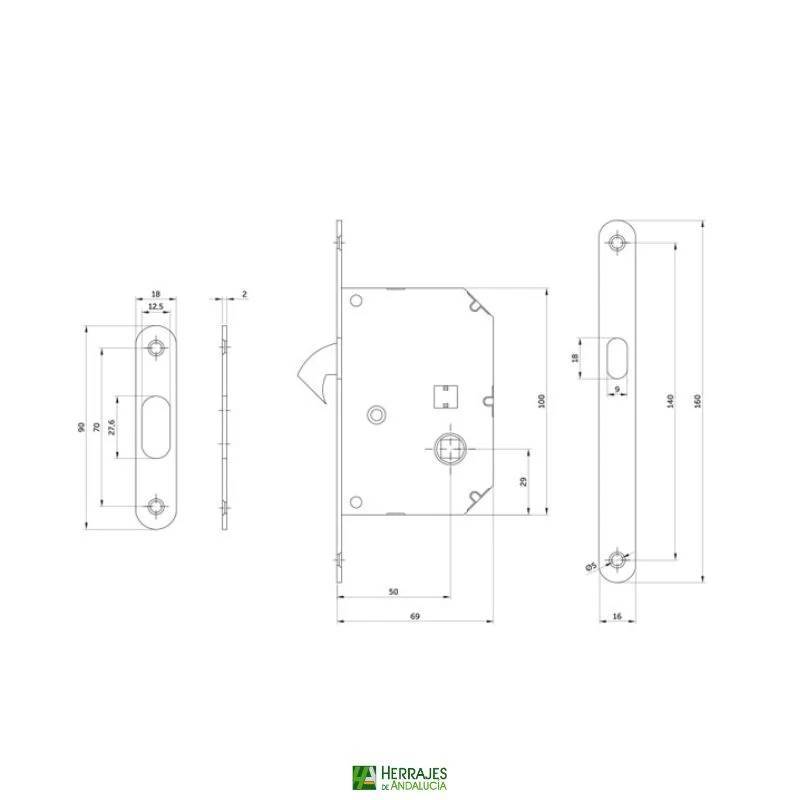 Kit Cierre Corredera 50 mm latonado pulido | Herrajes de Andalucía