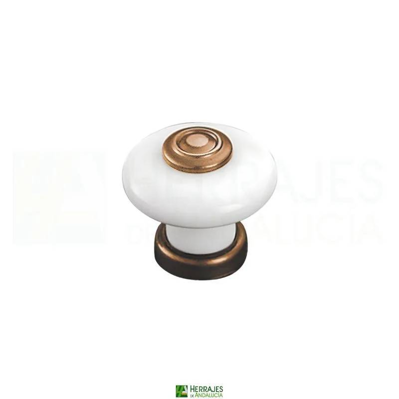Pomo porcelana blanca Ø37 mm bronce | Herrajes de Andalucía