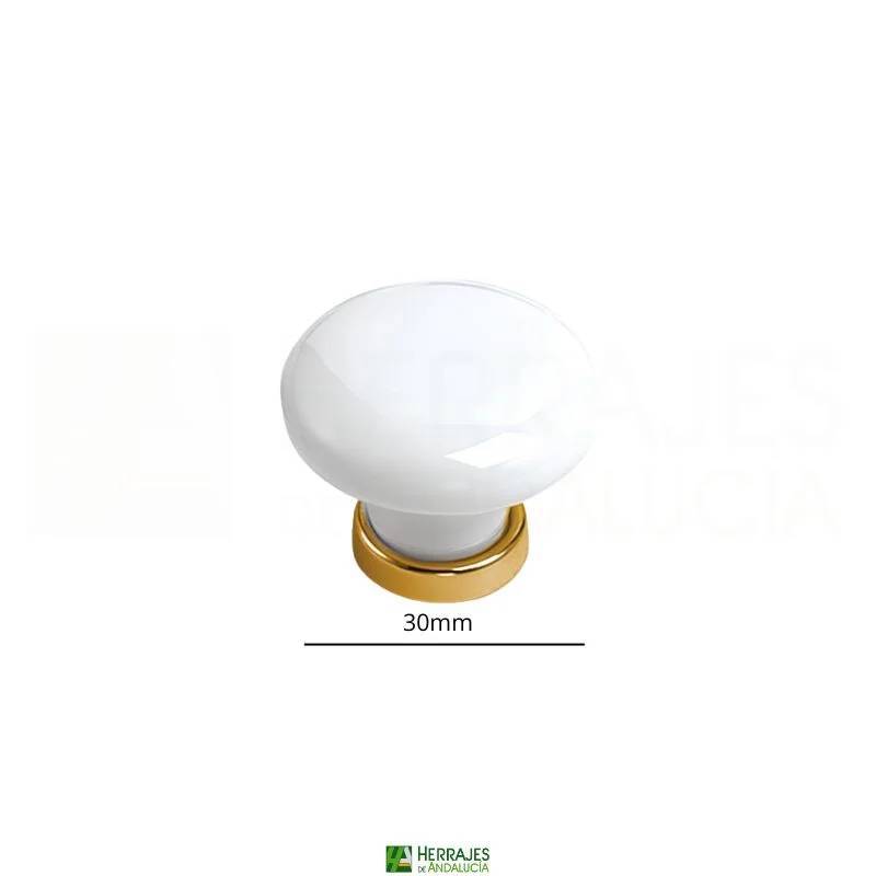 Pomo Porcelana Blanca 30 mm Dorado 24K | Herrajes Andalucía