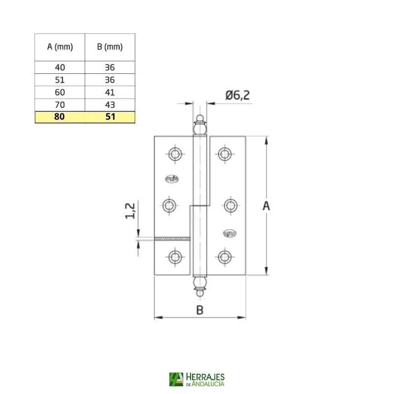 Bisagra desmontable 541 derecha Latonado 80x5mm | Herrajes de Andalucía