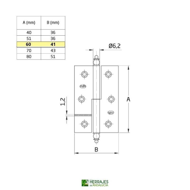 Bisagra desmontable 541 60x41mm Izda latonada | Herrajes de Andalucía