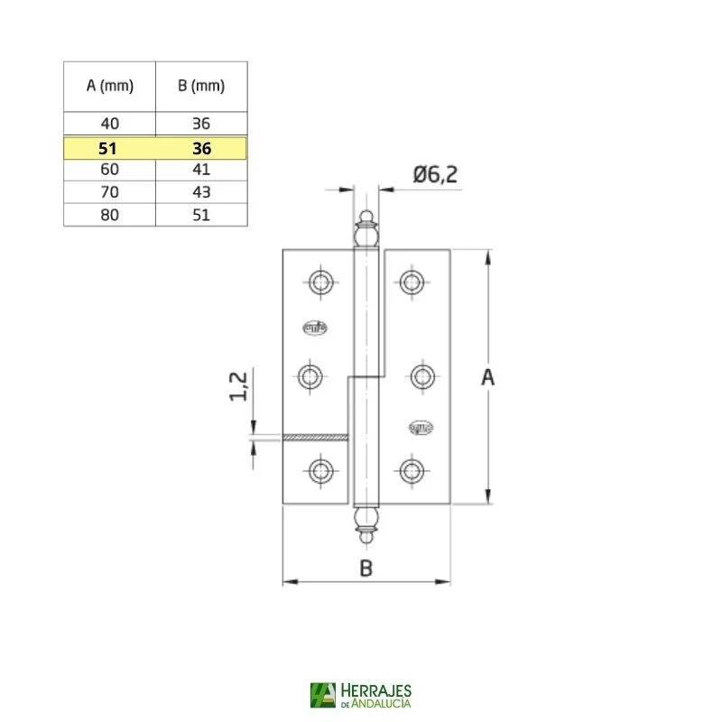 Bisagra desmontable mod.541 51x36mm derecha latonada | Herrajes de Andalucía